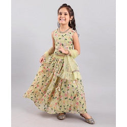 Babyhug Sleeveless Embroidered Choli Lehenga And Dupatta - Sunny Lime