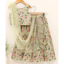 Babyhug Sleeveless Embroidered Choli Lehenga And Dupatta - Sunny Lime