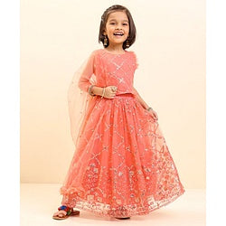 Babyhug Sleeveless Sequined Choli Lehenga & Dupatta Set with Embroidery - Coral