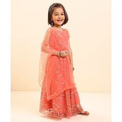 Babyhug Sleeveless Sequined Choli Lehenga & Dupatta Set with Embroidery - Coral