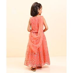 Babyhug Sleeveless Sequined Choli Lehenga & Dupatta Set with Embroidery - Coral