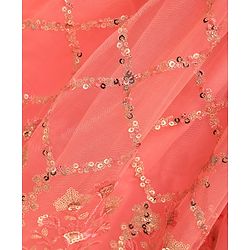 Babyhug Sleeveless Sequined Choli Lehenga & Dupatta Set with Embroidery - Coral
