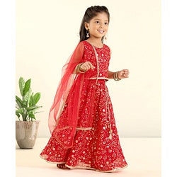 Babyhug Sleeveless Choli Lehenga With Dupatta Embroidered - Red
