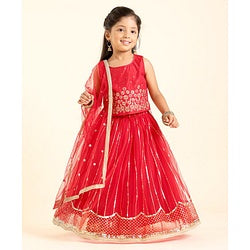 Babyhug Sleeveless Sequinned Choli & Lehenga With Dupatta Floral Embroidery - Red