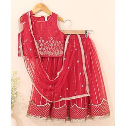 Babyhug Sleeveless Sequinned Choli & Lehenga With Dupatta Floral Embroidery - Red