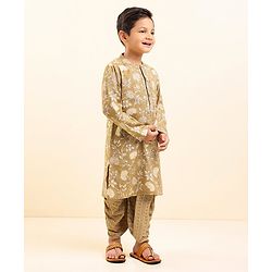 Babyhug Full Sleeves Kurta and Dhoti Set Floral Print - Beige