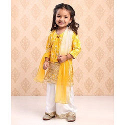 Babyhug Three Fourth Sleeves Embroidered Kurti Palazzo & Dupatta Set with Sequins - Yellow White