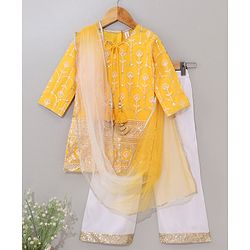 Babyhug Three Fourth Sleeves Embroidered Kurti Palazzo & Dupatta Set with Sequins - Yellow White