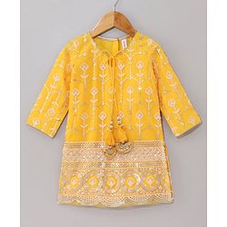 Babyhug Three Fourth Sleeves Embroidered Kurti Palazzo & Dupatta Set with Sequins - Yellow White