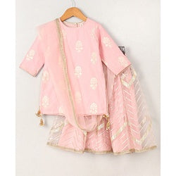 Babyhug Three Fourth Sleeves Embroidered Kurti Palazzo & Dupatta Set with Sequins - Pink