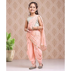Babyhug Silk Sleeveles Sequenced Choli with Ready to Wear Saree- Peach)