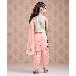 Babyhug Silk Sleeveles Sequenced Choli with Ready to Wear Saree- Peach)