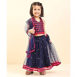 Babyhug Woven Sleeveless Choli & Lehnga with Dupatta Floral Embroidered - Navy