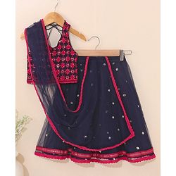 Babyhug Woven Sleeveless Choli & Lehnga with Dupatta Floral Embroidered - Navy