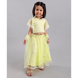 Babyhug Half Sleeves Choli Lehenga And Dupatta Ethnic Printed - Lime Green