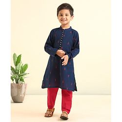 Babyhug Handloom Full Sleeves Kurta and Pyjama Set Ethnic Print - Navy
