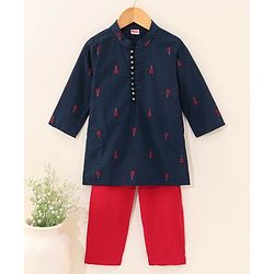 Babyhug Handloom Full Sleeves Kurta and Pyjama Set Ethnic Print - Navy