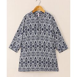 Babyhug Full Sleeve Boys Ikkat Weave Kurta With Dobby Dhoti- Navy Blue
