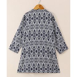 Babyhug Full Sleeve Boys Ikkat Weave Kurta With Dobby Dhoti- Navy Blue