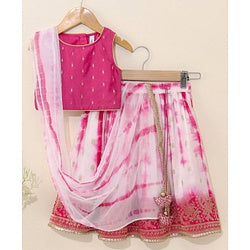Babyhug Sleeveless Choli & Tie Dye Lehenga With Dupatta Zari Detailing - Fuchsia White