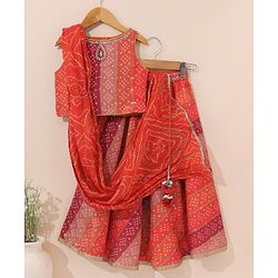 Babyhug Sleeveless Bandhani Choli & Lehenga With Dupatta Zari Detailing - Red Pink