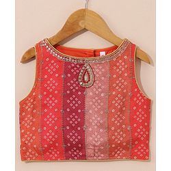 Babyhug Sleeveless Bandhani Choli & Lehenga With Dupatta Zari Detailing - Red Pink