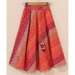 Babyhug Sleeveless Bandhani Choli & Lehenga With Dupatta Zari Detailing - Red Pink
