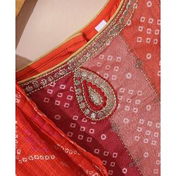 Babyhug Sleeveless Bandhani Choli & Lehenga With Dupatta Zari Detailing - Red Pink