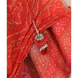 Babyhug Sleeveless Bandhani Choli & Lehenga With Dupatta Zari Detailing - Red Pink