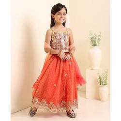 Babyhug Singlet Choli & Lehenga & Dupatta Mirror Detailing - Orange