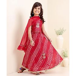 Babyhug Girls Singlet Bandhani Print Choli with Lehenga and Dupatta with Sequence All Over Sequence Detailing- Red