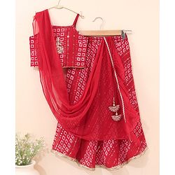 Babyhug Girls Singlet Bandhani Print Choli with Lehenga and Dupatta with Sequence All Over Sequence Detailing- Red