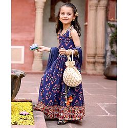 Babyhug Sleeveless Choli & Lehenga Set with Dupatta Floral Print & Sequin Embroidered Border Designs - Blue