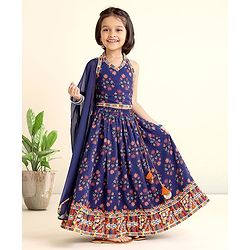 Babyhug Sleeveless Choli & Lehenga Set with Dupatta Floral Print & Sequin Embroidered Border Designs - Blue