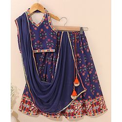 Babyhug Sleeveless Choli & Lehenga Set with Dupatta Floral Print & Sequin Embroidered Border Designs - Blue