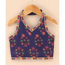 Babyhug Sleeveless Choli & Lehenga Set with Dupatta Floral Print & Sequin Embroidered Border Designs - Blue