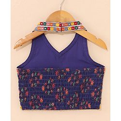 Babyhug Sleeveless Choli & Lehenga Set with Dupatta Floral Print & Sequin Embroidered Border Designs - Blue
