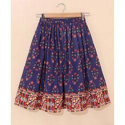Babyhug Sleeveless Choli & Lehenga Set with Dupatta Floral Print & Sequin Embroidered Border Designs - Blue