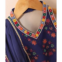 Babyhug Sleeveless Choli & Lehenga Set with Dupatta Floral Print & Sequin Embroidered Border Designs - Blue