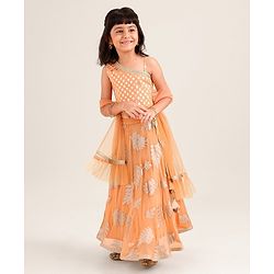 Babyhug Sleeveless Choli & Lehenga Set with Dupatta Zari Work & Golden Border Embroidered- Coral