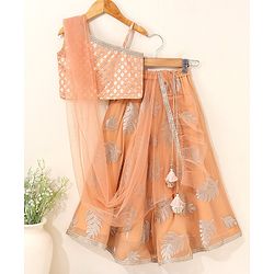 Babyhug Sleeveless Choli & Lehenga Set with Dupatta Zari Work & Golden Border Embroidered- Coral