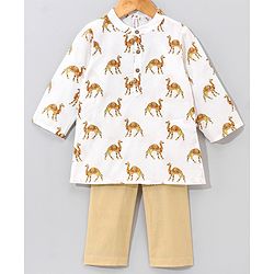 Babyhug Cotton Woven Full Sleeves Kurta & Pyjama Set Camel Print - Off White