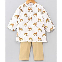 Babyhug Cotton Woven Full Sleeves Kurta & Pyjama Set Camel Print - Off White