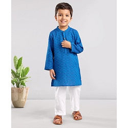 Babyhug Dobby Embroidered Kurta With Pyjama Set- Blue