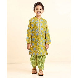 Babyhug Full Sleeves Kurta & Dhoti Set Floral Print - Yellow Green
