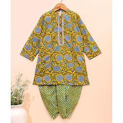 Babyhug Full Sleeves Kurta & Dhoti Set Floral Print - Yellow Green