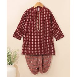 Babyhug Cotton Woven Full Sleeves Ethnic Printed Kurta & Dhoti Set - Maroon