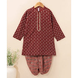 Babyhug Cotton Woven Full Sleeves Ethnic Printed Kurta & Dhoti Set - Maroon