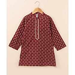 Babyhug Cotton Woven Full Sleeves Ethnic Printed Kurta & Dhoti Set - Maroon