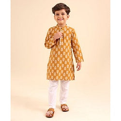 Babyhug Full Sleeves Kurta Pyjama Set Floral Print - Orange